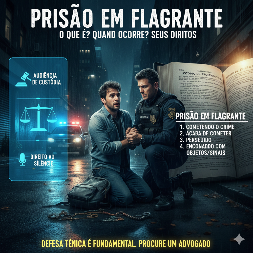 Saiba o que é prisão em flagrante, quando ela pode ocorrer e quais são os direitos da pessoa presa segundo o Direito Penal e o Processo Penal brasileiro.